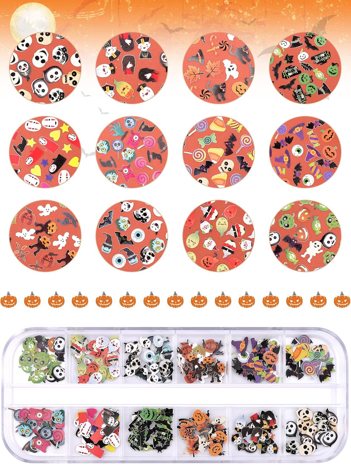 Kalolary Halloween Nail Art Sequins, 3D Skull Spider Pumpkin Bat Ghost Witch Stickers for Acrylic Nails, Halloween Wood Pulp Glitter Flakes for Nail Art Decorations-Velvo Beauty