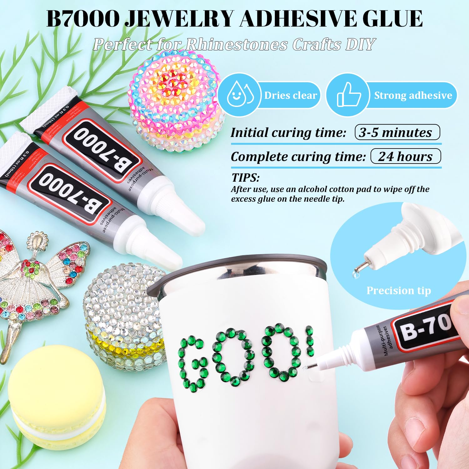 6000Pcs Resin Rhinestones for Bedazzling with 3Pcs B7000 Jewelry Glue, 1 Box Emerald Green Flatback Rhinestones for Crafting Crafts DIY, Crystals Gems for Clothing Shoes Tumblers Nail Art Makeup-Velvo Beauty