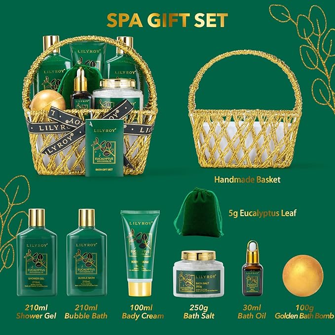 Mothers Day Spa Gift Basket for Women 9 Pieces Premium Eucalyptus Bath & Body Care Kit for Women & Men, Holiday Gift for Christmas, Valentine's Day, Father's Day, Birthday with Shower Gel & More-Velvo Beauty
