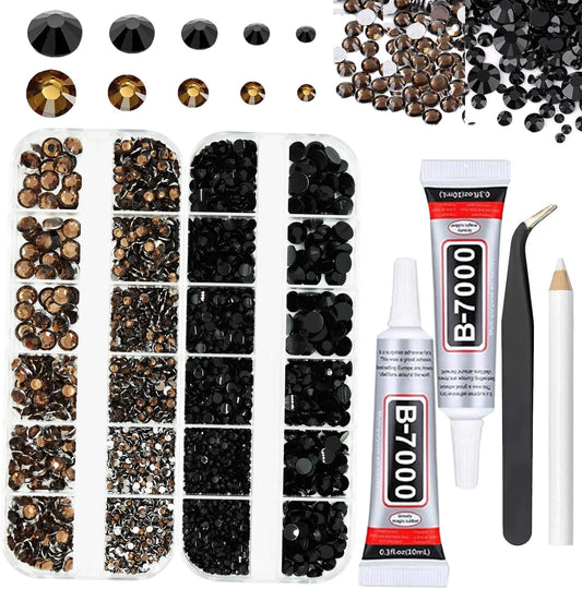 Black and Brown Rhinestones with Glue(S8-S30) for Bedazzling,2mm-6mm Non-Hotfix Flatback Nail Gems Beads with B7000, Resin Nail GemsStones Diamond Kit for Bedazzle Crafting, Nails DIY Art Decoration-Velvo Beauty