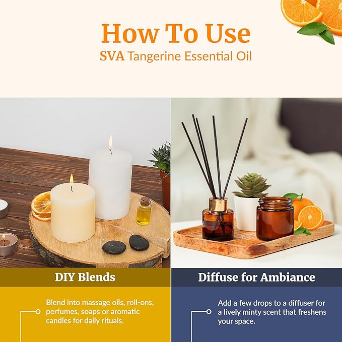 SVA Tangerine Essential Oil – 4 Fl Oz – 100% Natural Tangerine Oil - for Diffuser, Hair Care, Face, Skin Care, Aromatherapy, Scalp and Body Massage, Soap and Candle Making – with Dropper-Velvo Beauty