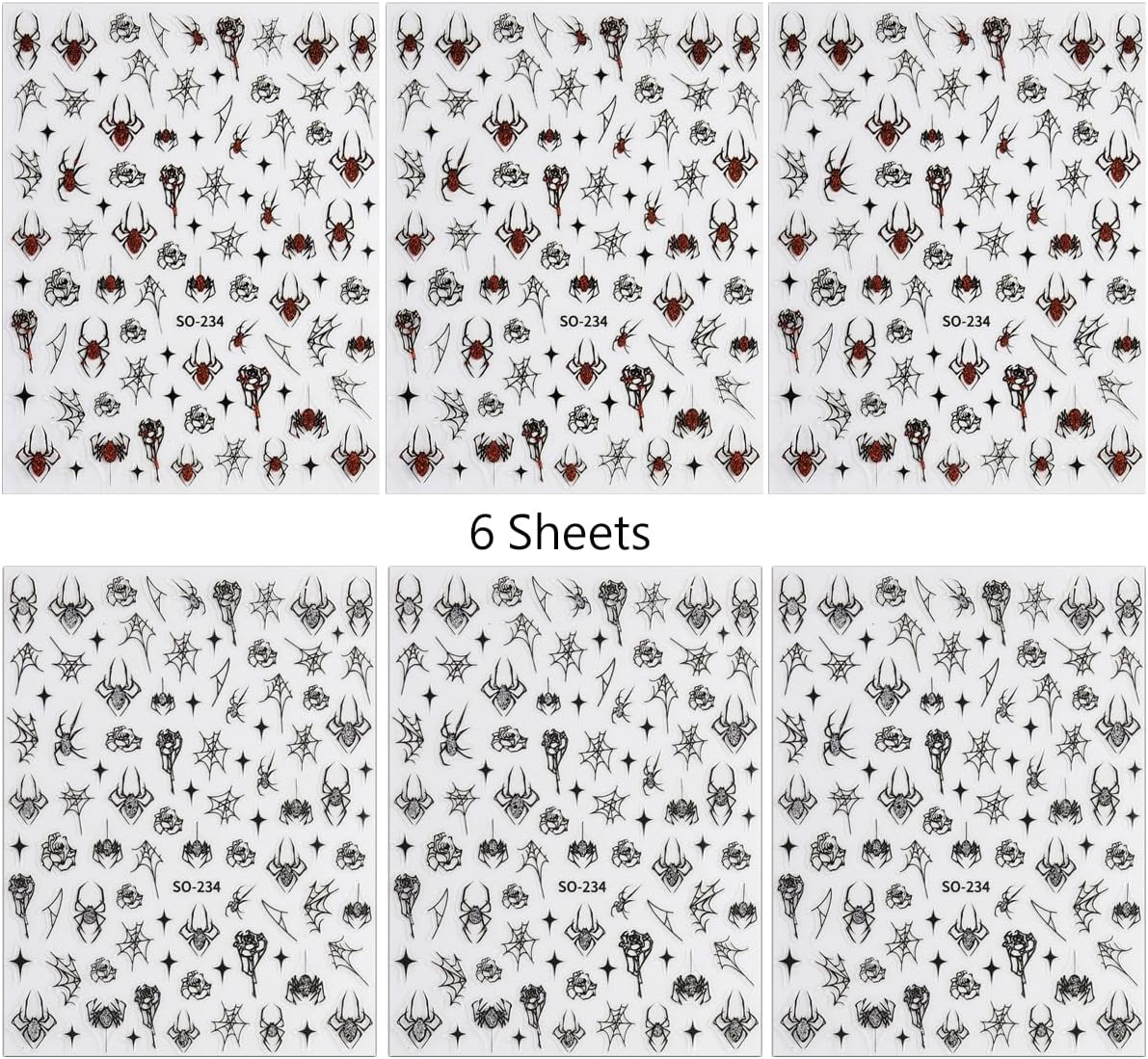 6Sheets Halloween Nail Art Stickers Decals, 3D Spider Nail Sticker Halloween Nail Decoration Self-Adhesive Black Red Silver Glitter Star Spider Web for Nails Stickers DIY Manicure Art Decoration-Velvo Beauty