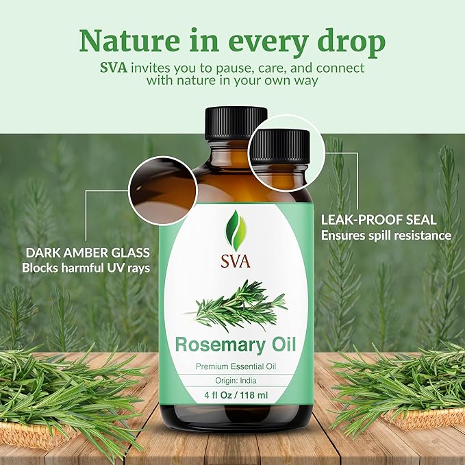 SVA Rosemary Essential Oil – 4 Fl Oz – 100% Natural Rosemary Oil for Hair, Face, Skin Care, Diffuser, Aromatherapy, Scalp, Body Massage, Soap and Candle Making – with Dropper-Velvo Beauty
