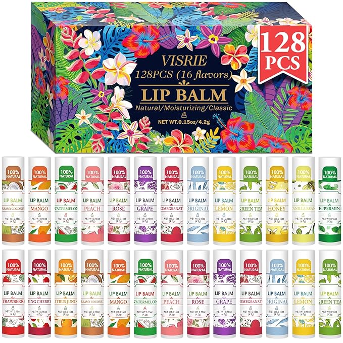 128 Pack Lip Balm, Natural Lip Balm Bulk with Vitamin E and Coconut Oil, Moisturizing Lip Balm for Dry Lips - 16 Flavors-Velvo Beauty