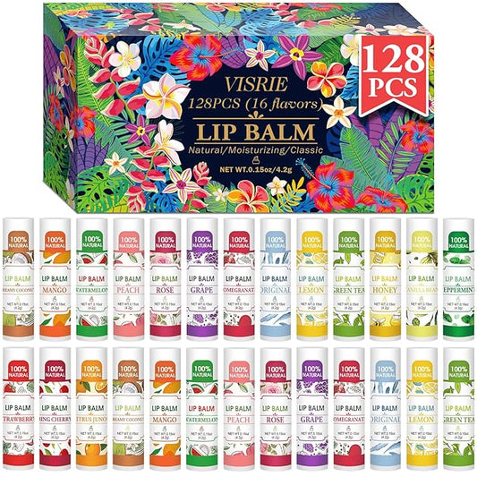 128 Pack Lip Balm, Natural Lip Balm Bulk with Vitamin E and Coconut Oil, Moisturizing Lip Balm for Dry Lips - 16 Flavors-Velvo Beauty