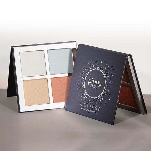 Pippa of London Eclipse Highlighter Palette 381 Make Up for Cheeks and Face with 4 Luxury Highlighters in a Silver Gold Case with Mirror-Velvo Beauty
