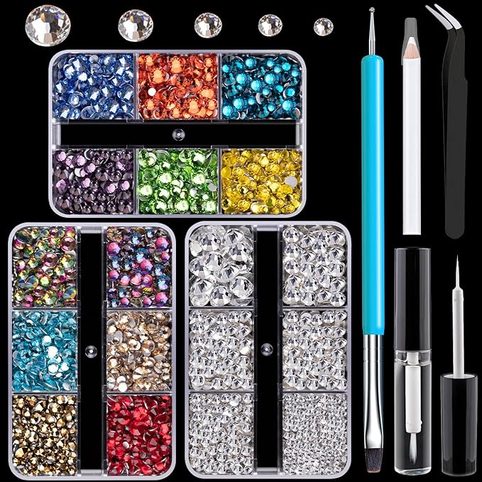 Colorful Face Gems for Makeup Set, Flatback Gorgeous Glass Clear+Mixed-Colored Crystals with Picker Pencil, Makeup Glue, Dual-End Dotting Tool, Tweezer for Eye Body Hair Make-up and Nail Art Deco-Velvo Beauty