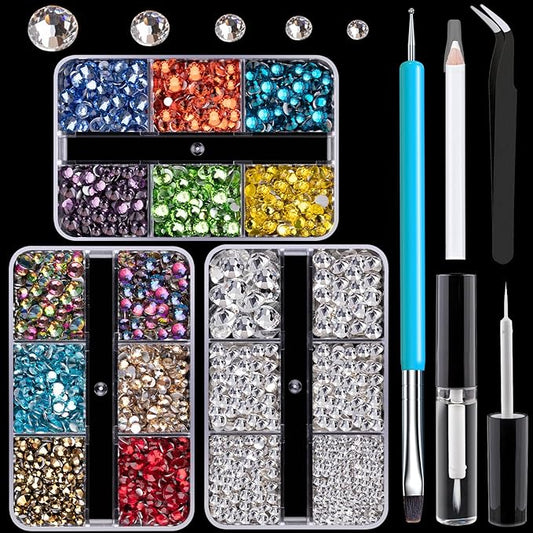 Colorful Face Gems for Makeup Set, Flatback Gorgeous Glass Clear+Mixed-Colored Crystals with Picker Pencil, Makeup Glue, Dual-End Dotting Tool, Tweezer for Eye Body Hair Make-up and Nail Art Deco-Velvo Beauty