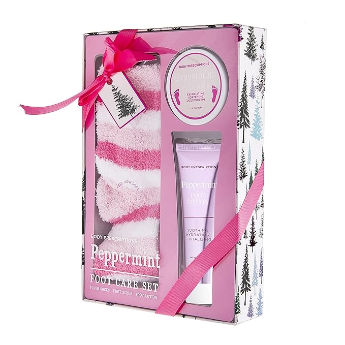 Live Green Bath and Body Pedicure Set- Relaxing Foot Care Set with Pink Fuzzy Socks, Peppermint Foot Lotion, and Foot Scrub, Holiday Present for Women-Velvo Beauty