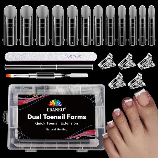Poly Gel Toe Nail Form Set, EBANKU Reusable Toenails Dual Forms for Nail Extensions, Poly Gel Toe Nail Tips with Dual-Ended Brush and Nail File, 5PCS Clips - 12 Sizes 120PCS-Velvo Beauty