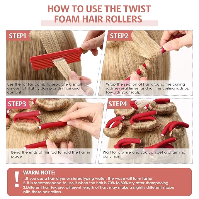 Syhood 30 Pcs 7'' Flexible Curling Rods Twist Foam Hair Rollers Soft Foam No Heat Hair Rods Rollers and 1 Steel Pintail Comb Rat Tail Comb for Women Long Short Hair(Red,7 x 0.3 Inch)-Velvo Beauty