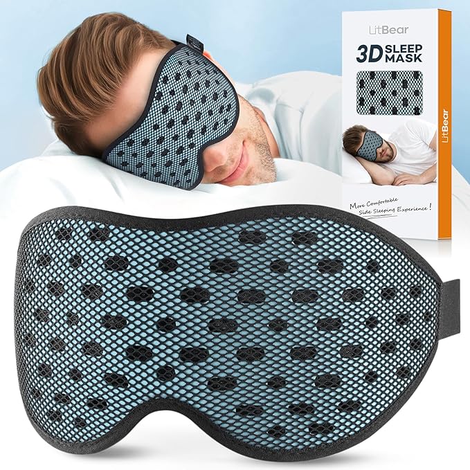 LitBear Breathable Sleep Mask, 3D Eye Mak Sleep for Side Sleepers Women Men, Light Blocking Sleeping Mask with Adjustable Strap, Soft Lightweight Eye Cover for Travel, Night Work, Nap -Ice Blue-Velvo Beauty