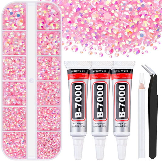 6000Pcs Resin Rhinestones for Bedazzling with 3Pcs B7000 Jewelry Glue, 1 Box Light Pink AB Flatback Rhinestones for Crafting Crafts DIY, Crystals Gems for Clothing Shoes Tumblers Nail Art Makeup-Velvo Beauty