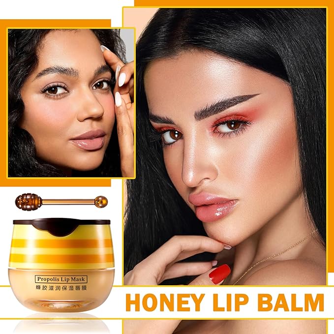 Lip Balm Honey Pot,Moisturizing Lip Balm Reduces Lip Lines,Propolis Honey Pot Lip Balm Hydrating Prevention Dry and Cracked Lip Scrubs Exfoliator,Exfoliating Lip Sleeping Mask with Brush-Velvo Beauty