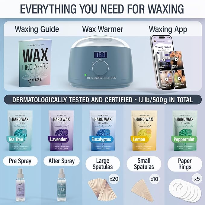 Tress Wellness Waxing Kit for Sensitive Skin – Safe for Face & Skin, Prep & Aftercare Spray, Easy to Use – At-Home Kit for Face, Bikini, Brazilian & Full Body - Digital Display, Blue-Velvo Beauty