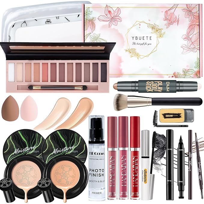 Makeup Kit Set for Women, Makeup Present for Women Teens Girl, Eyeshadow Palette Air Cushion CC Cream Primer Brush Spong Contour Lipstick Eyebrow Soap Mascara Eyeliner C-Velvo Beauty