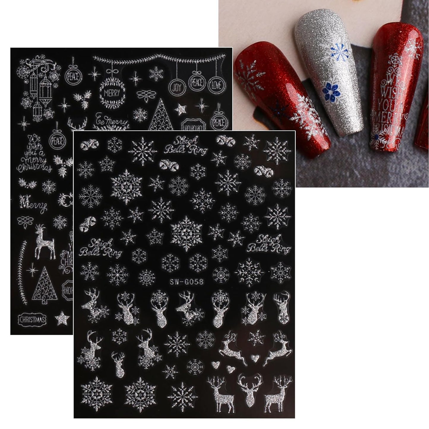 JMEOWIO 9 Sheets Christmas Glitter Nail Art Stickers Decals Self-Adhesive Snowflake Winter Holiday Silver Nail Supplies Nail Art Design Decoration Accessories-Velvo Beauty