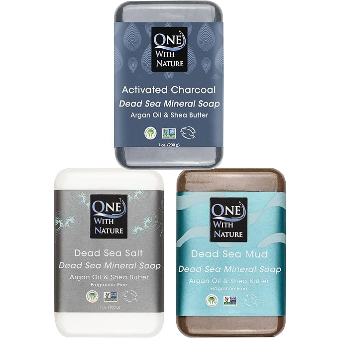 One With Nature Dead Sea Soap 7oz Variety 3Pk-Dead Sea Mud, Activated Charcoal, and Dead Sea Salt-Detoxifying and Exfoliating Soap Bars with Dead Sea Salt for Face & Body, for Men & Women-Velvo Beauty