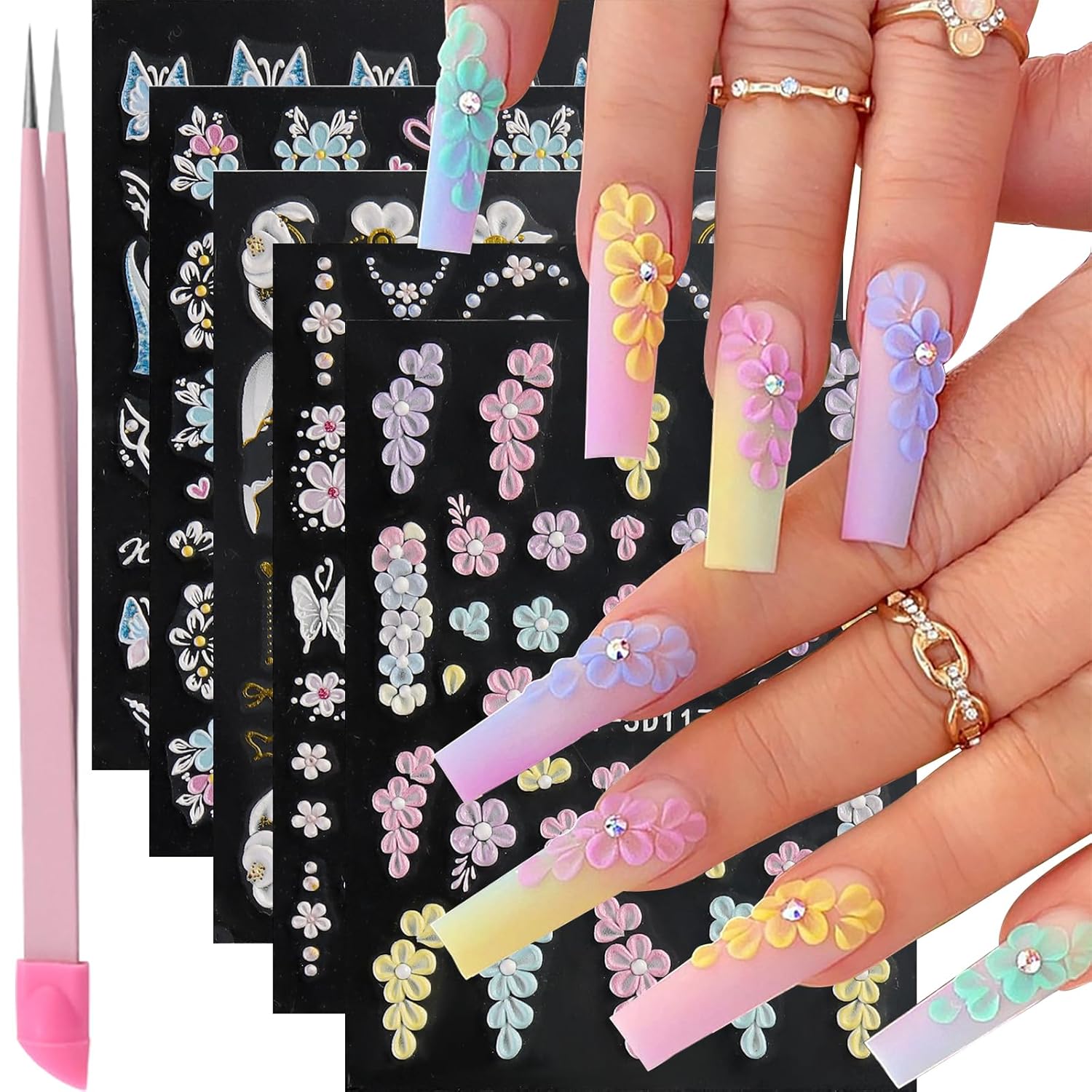 5 Sheets 5D Flower Nail Art Stickers Embossed Nail Decals Spring Summer Nails Art Design 3D Self-Adhesive Nails Supplies White Yellow Blue Colorful Flower Stickers for Women Nail Decoration-Velvo Beauty