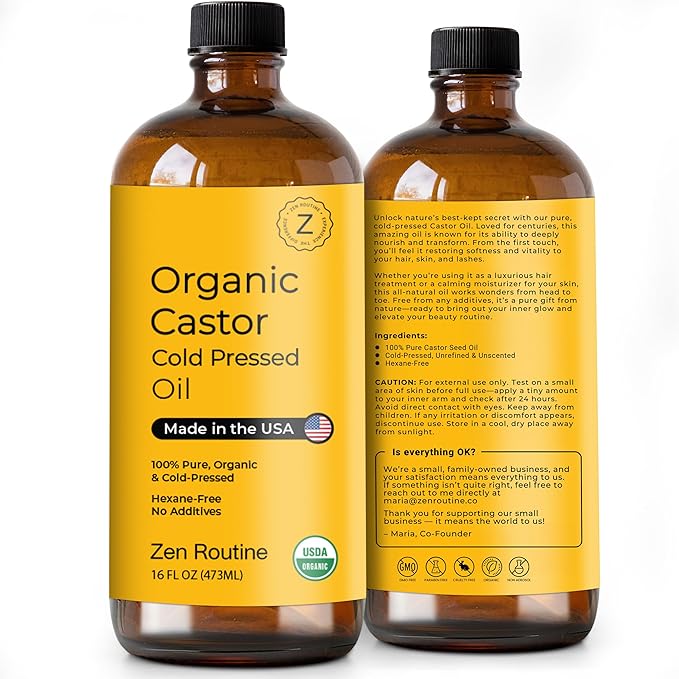 Zen Routine New (Glass Bottle) Organic Castor Oil 16oz – Hexane Free – Hair Growth Oil, Eye Lashes & Stomach, 100% Cold Pressed Unrefined Pure for Castor Pack Wrap – USDA Certified, Made in the USA-Velvo Beauty