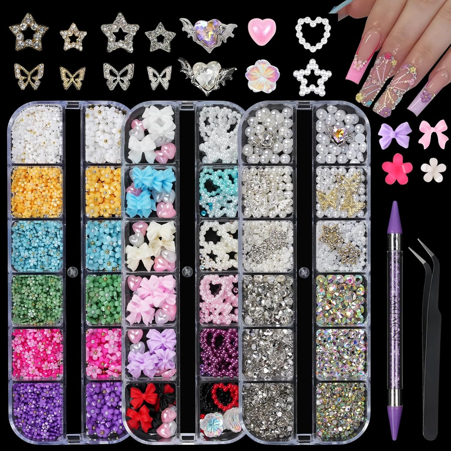 Nail Rhinestones , AB Crystal Nail Gems Flat Back Nail Rhinestones with Nail Pearls Star Heart Bows FLower Nail Charms and Rhinestone Picker Tools for Kwaii Y2K Nail Art Decor - 3 Boxes-Velvo Beauty