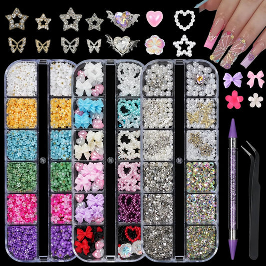 Nail Rhinestones , AB Crystal Nail Gems Flat Back Nail Rhinestones with Nail Pearls Star Heart Bows FLower Nail Charms and Rhinestone Picker Tools for Kwaii Y2K Nail Art Decor - 3 Boxes-Velvo Beauty