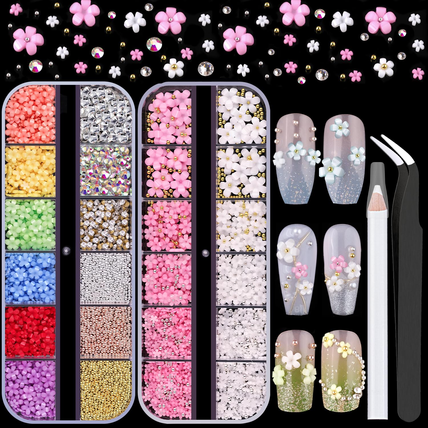 3D Flowers for Nails, Colorful Acrylic Flower Nail Charms with Caviar Beads, Flat Back Glass Crystal AB + Clear Gemstones Round Gems Rhinestones for Nails and Acrylic Nails with Dotting Tools-Velvo Beauty