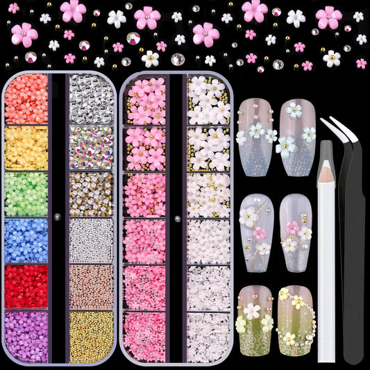 3D Flowers for Nails, Colorful Acrylic Flower Nail Charms with Caviar Beads, Flat Back Glass Crystal AB + Clear Gemstones Round Gems Rhinestones for Nails and Acrylic Nails with Dotting Tools-Velvo Beauty
