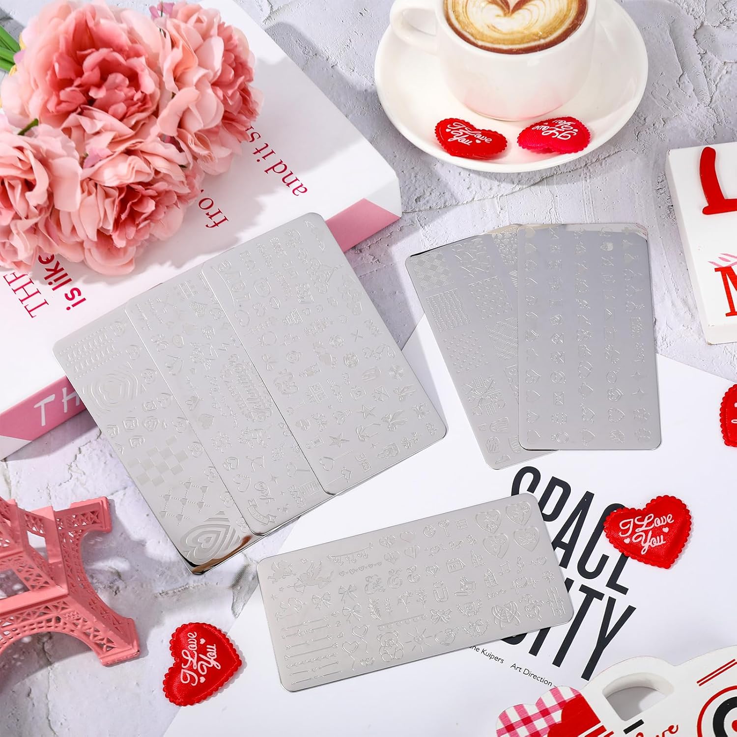 Whaline 6Pcs Happy Valentine Nail Plates Stamping Set Love Heart Stamp Templates Nail Art Plates for DIY Print Manicure Salon Design-Velvo Beauty