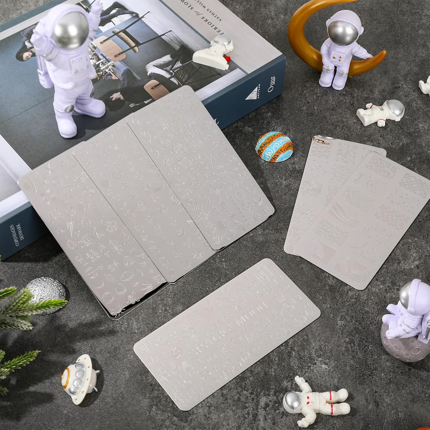 Whaline 6Pcs Outer Space Nail Plates Stamping Set Rocket Moon Planet Astronaut Stamp Templates Nail Art Plates for DIY Print Manicure Salon Design-Velvo Beauty