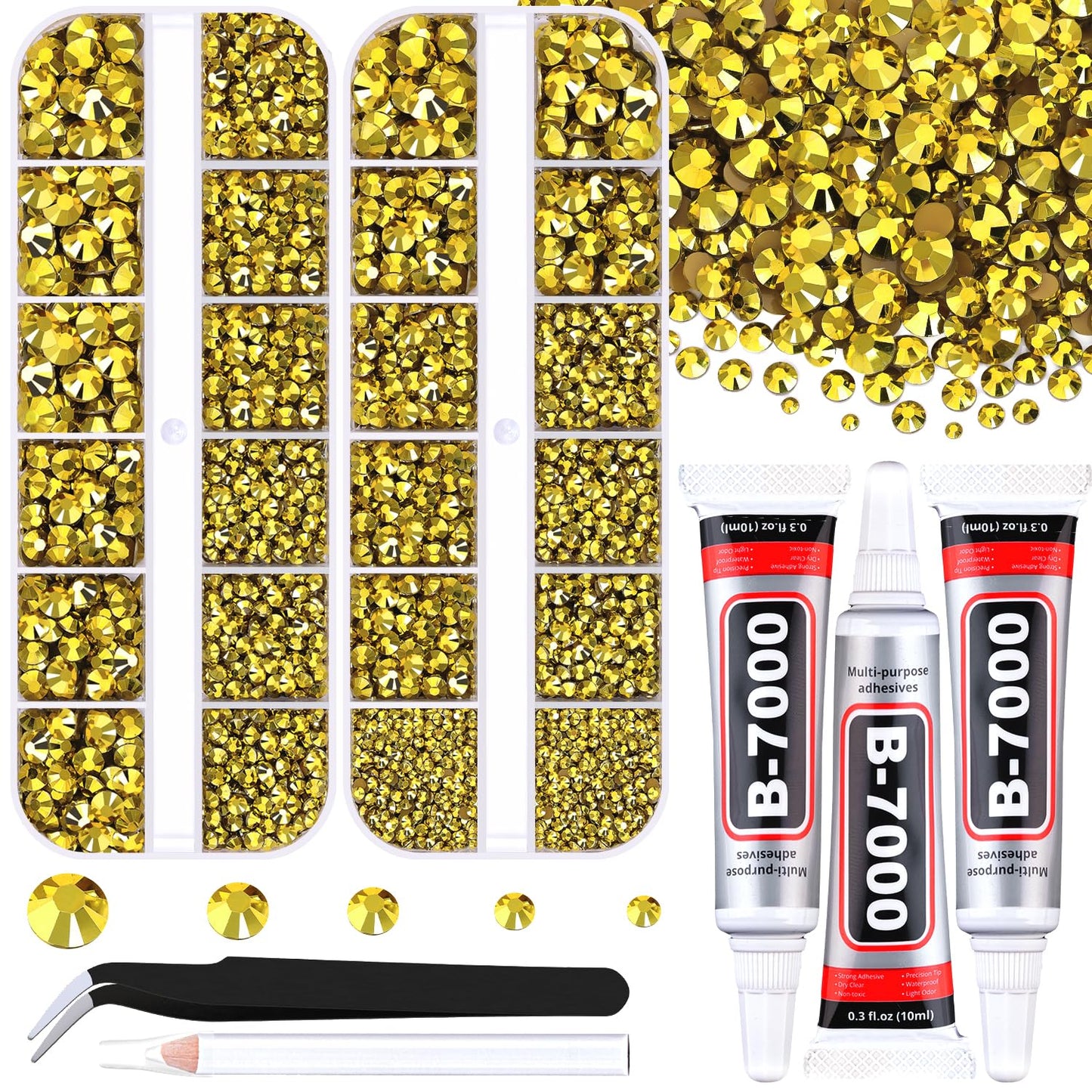 Resin Rhinestones for Crafting with B7000 Jewelry Glue, 2 Boxes Bright Gold Flatback Crystals with 3Pcs 10ml Glue for Bedazzling Crafts DIY Nail Art Makeup, Gems for Clothing Shoes-Velvo Beauty