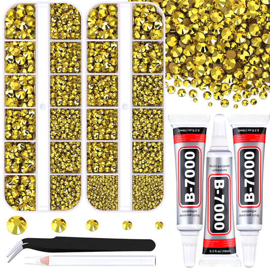 Resin Rhinestones for Crafting with B7000 Jewelry Glue, 2 Boxes Bright Gold Flatback Crystals with 3Pcs 10ml Glue for Bedazzling Crafts DIY Nail Art Makeup, Gems for Clothing Shoes-Velvo Beauty