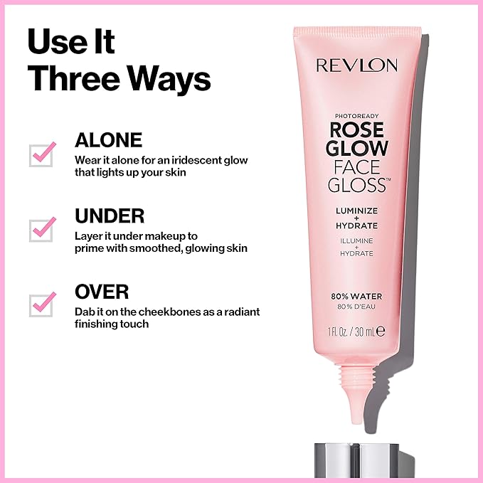 Revlon Face Primer, PhotoReady Face Gloss Rose Glow, Face Makeup for All Skin Types, Hydrates, Illuminates & Moisturizes, Infused with Glycerin & Olive Oil Extract, 80% Water, 1 Fl Oz-Velvo Beauty