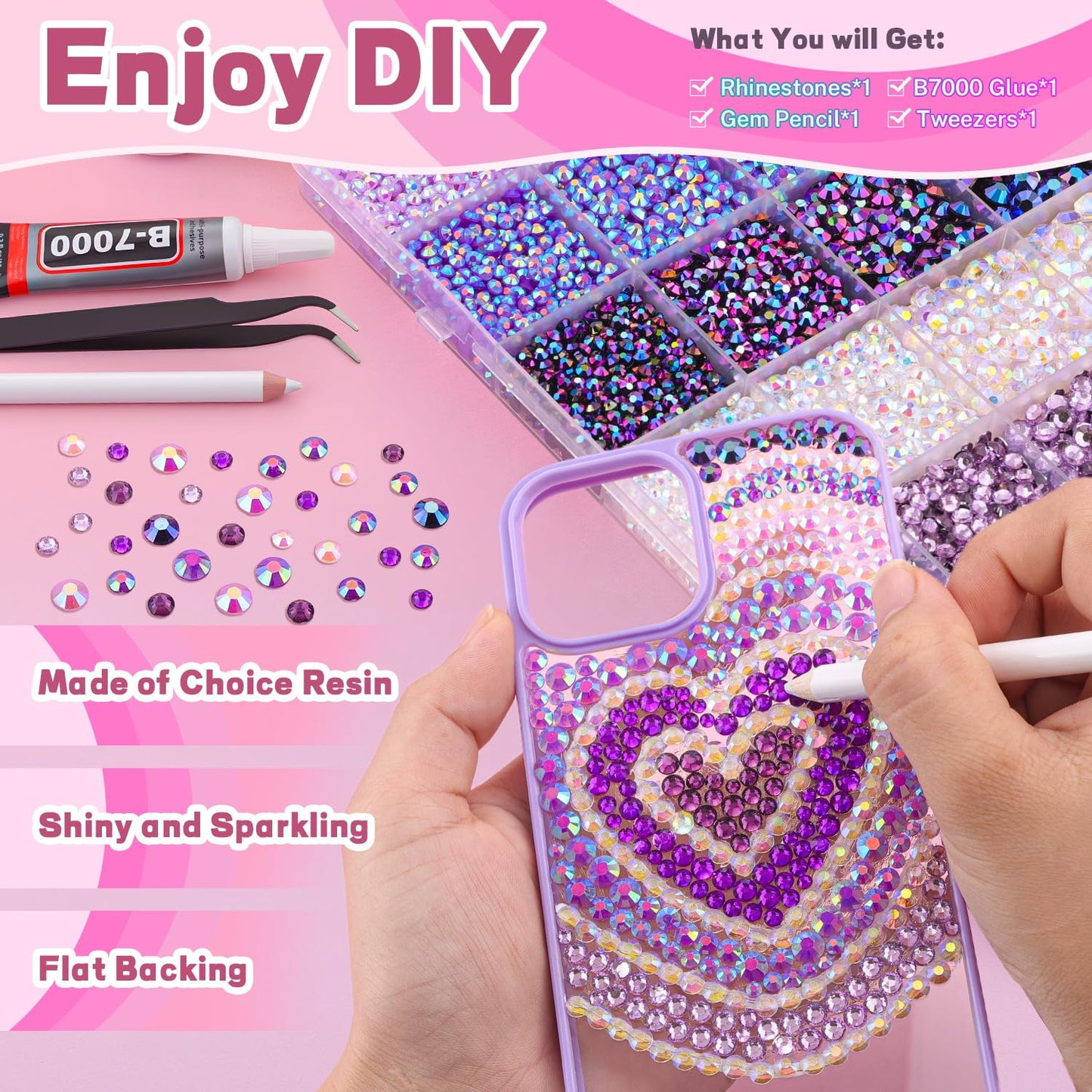 20000Pcs Purple Rhinestones for Bedazzling with 1Pcs B7000 Jewelry Glue, Resin Rhinestones for Crafting Crafts DIY, Bedazzler Kit Gems for Clothing Shoes Tumblers Nail Art Assorted Size 3/4/5/6mm-Velvo Beauty