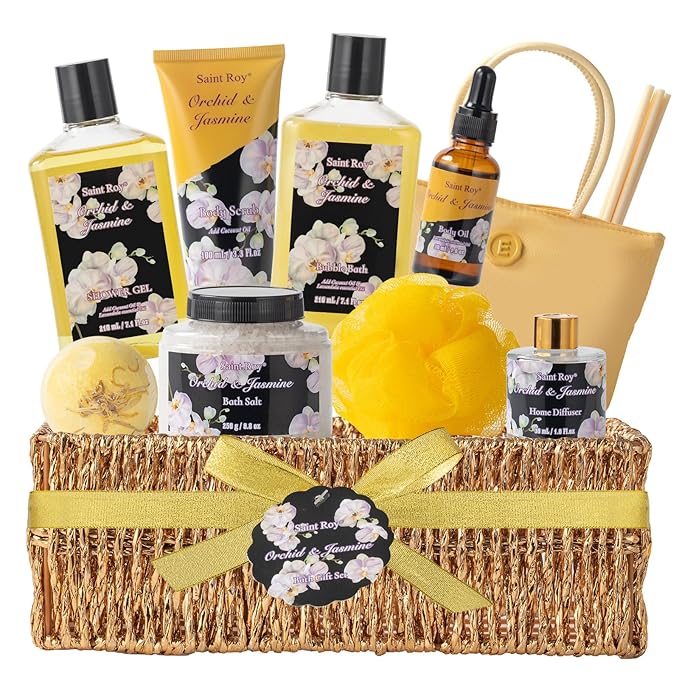 Mother's Day Gift for Mom Bath and Body Gift Basket Orchid & Jasmine Spa Gift Baskets for Women Fragrant Body Lotions, Bath Bomb, Home Spa Gift Basket Rich in Jojoba oil & Shea Butter, Bath Kit Sets-Velvo Beauty