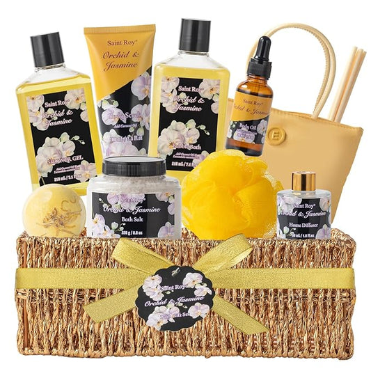 Mother's Day Gift for Mom Bath and Body Gift Basket Orchid & Jasmine Spa Gift Baskets for Women Fragrant Body Lotions, Bath Bomb, Home Spa Gift Basket Rich in Jojoba oil & Shea Butter, Bath Kit Sets-Velvo Beauty