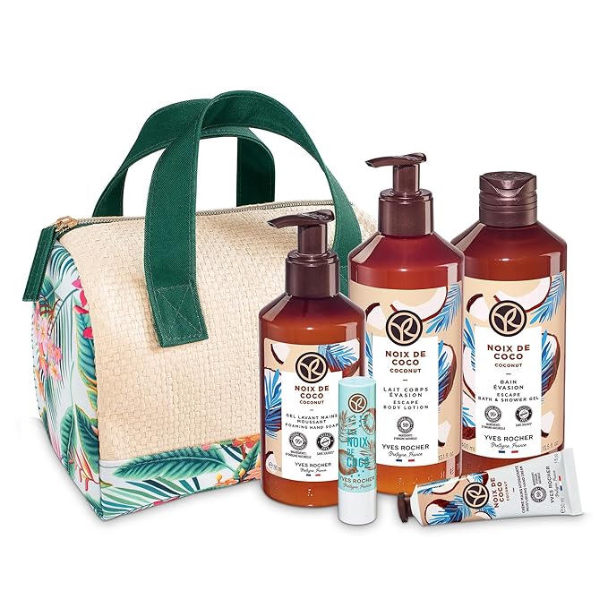 Yves Rocher Bain de Nature Coconut 6-Piece Gift Set, Shower Gel, Hand Cream, Body Lotion, Lip Balm, Hand Soap & Vanity Bag, 6 Items-Velvo Beauty
