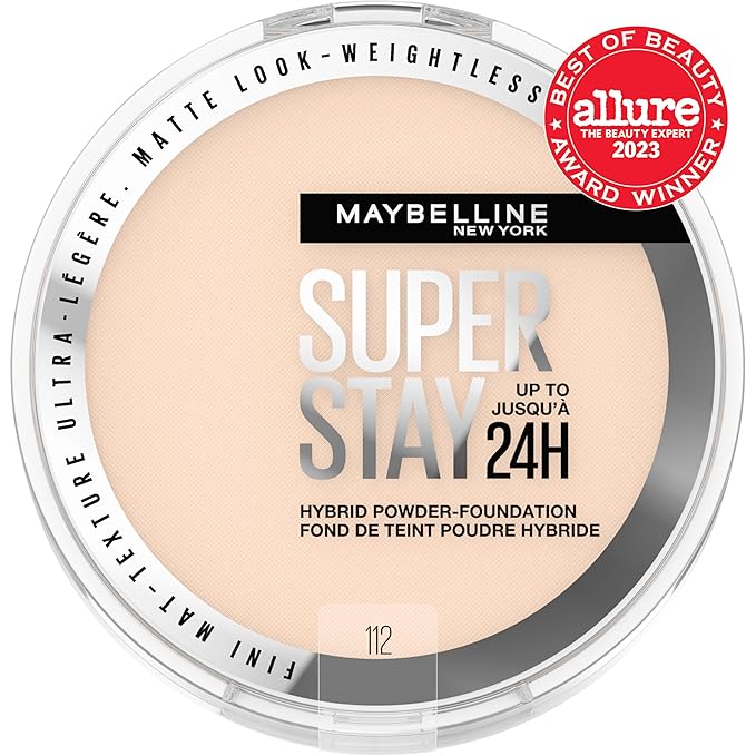 Maybelline Super Stay Up to 24HR Hybrid Powder-Foundation, Medium-to-Full Coverage Makeup, Matte Finish, 112, 1 Count-Velvo Beauty