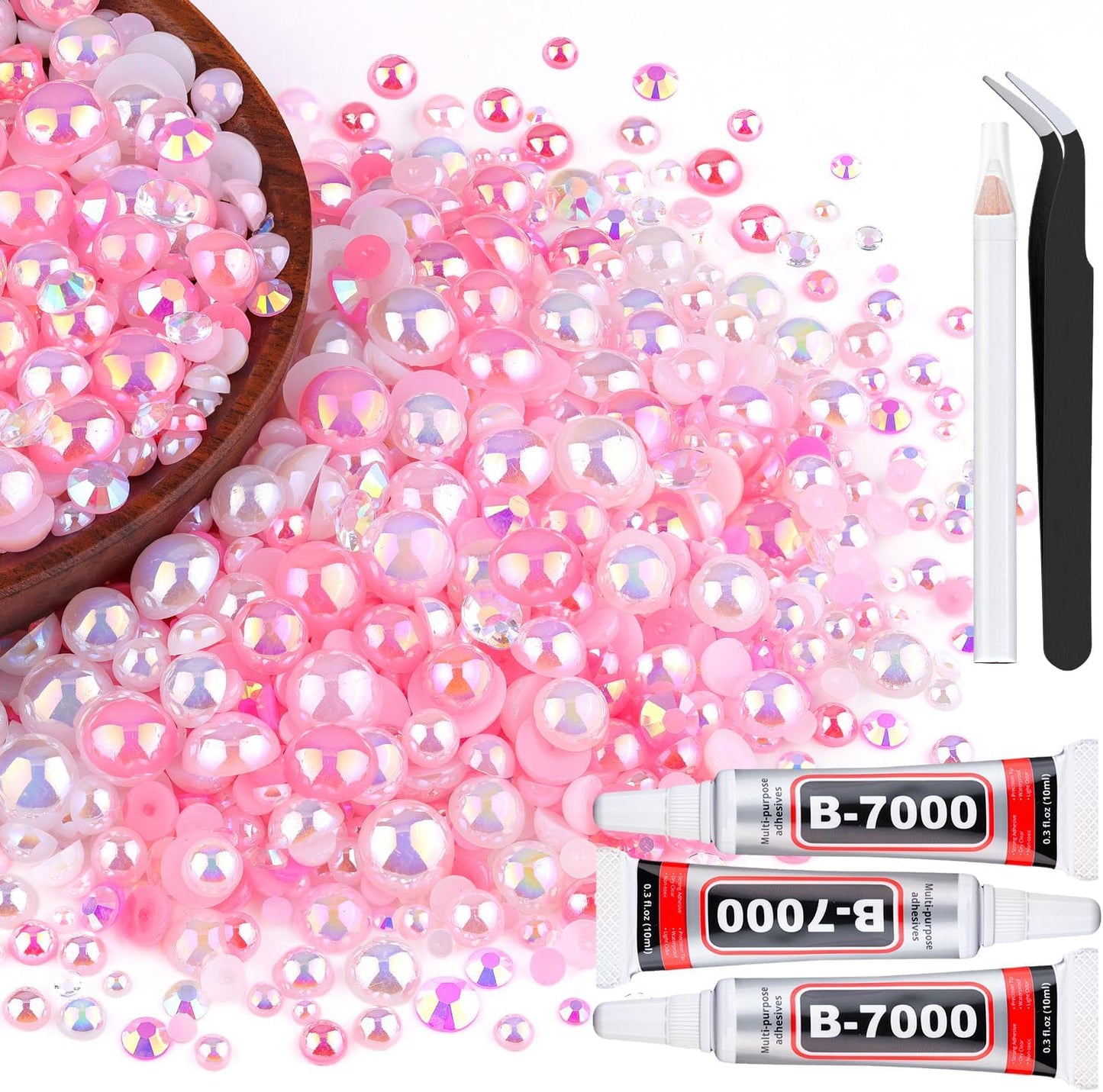 80g Flatback Pearls and Rhinestones for Crafting, Pink White 3-10mm Resin Rhinestones and Half Pearls for Bedazzling, Nail Art and Dec with 3pcs 10ml B7000 Jewelry Glue, Tweezer and Pickup Pencil-Velvo Beauty