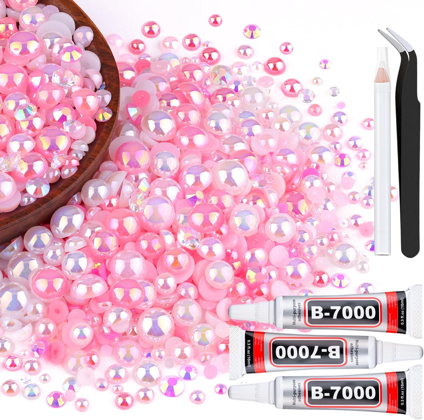 80g Flatback Pearls and Rhinestones for Crafting, Pink White 3-10mm Resin Rhinestones and Half Pearls for Bedazzling, Nail Art and Dec with 3pcs 10ml B7000 Jewelry Glue, Tweezer and Pickup Pencil-Velvo Beauty