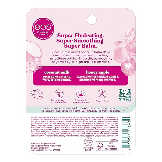 eos 24H Moisture Super Balm- Coconut Milk & Honey Apple, Lip Mask, Day or Night Lip Treatment, Made for Sensitive Skin, 0.35 fl oz, 2-Pack-Velvo Beauty