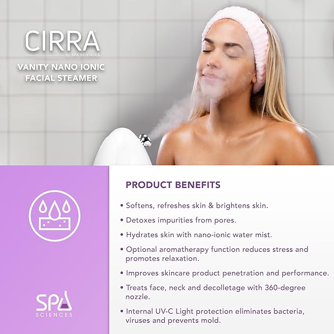 Spa Sciences - CIRRA - Nano Ionic Facial Steamer with UVC Sanitizing Protection, Aromatherapy Function, Detox Pores, and Boost Circulation - Includes an Essential Oil Basket-Velvo Beauty