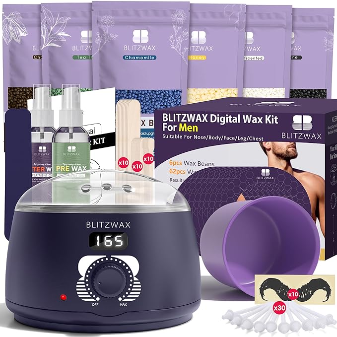 BLITZWAX Brazilian and Bikini Waxing Kit for Men, Hard Wax Warmer for Face, Legs, and Body, At Home Hair Removal Kit, Beginner Friendly, Quick Heating, 30 Nose Wax Sticks-Velvo Beauty