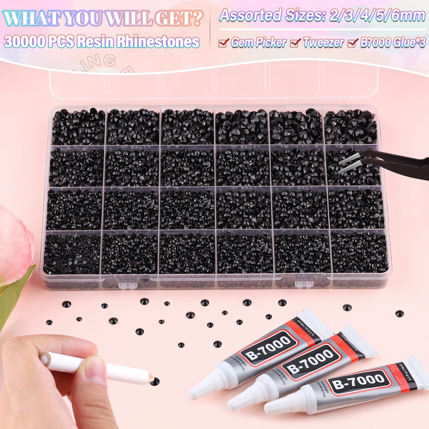 30000Pcs Resin Black Rhinestones for Bedazzling Crafting with b7000 Jewelry Glue, Bulk Flatback Gems Bedazzler Kit for Crafts Clothes Shoes Fabric Nail Diamond Art, Assorted Size 2/3/4/5/6mm-Velvo Beauty