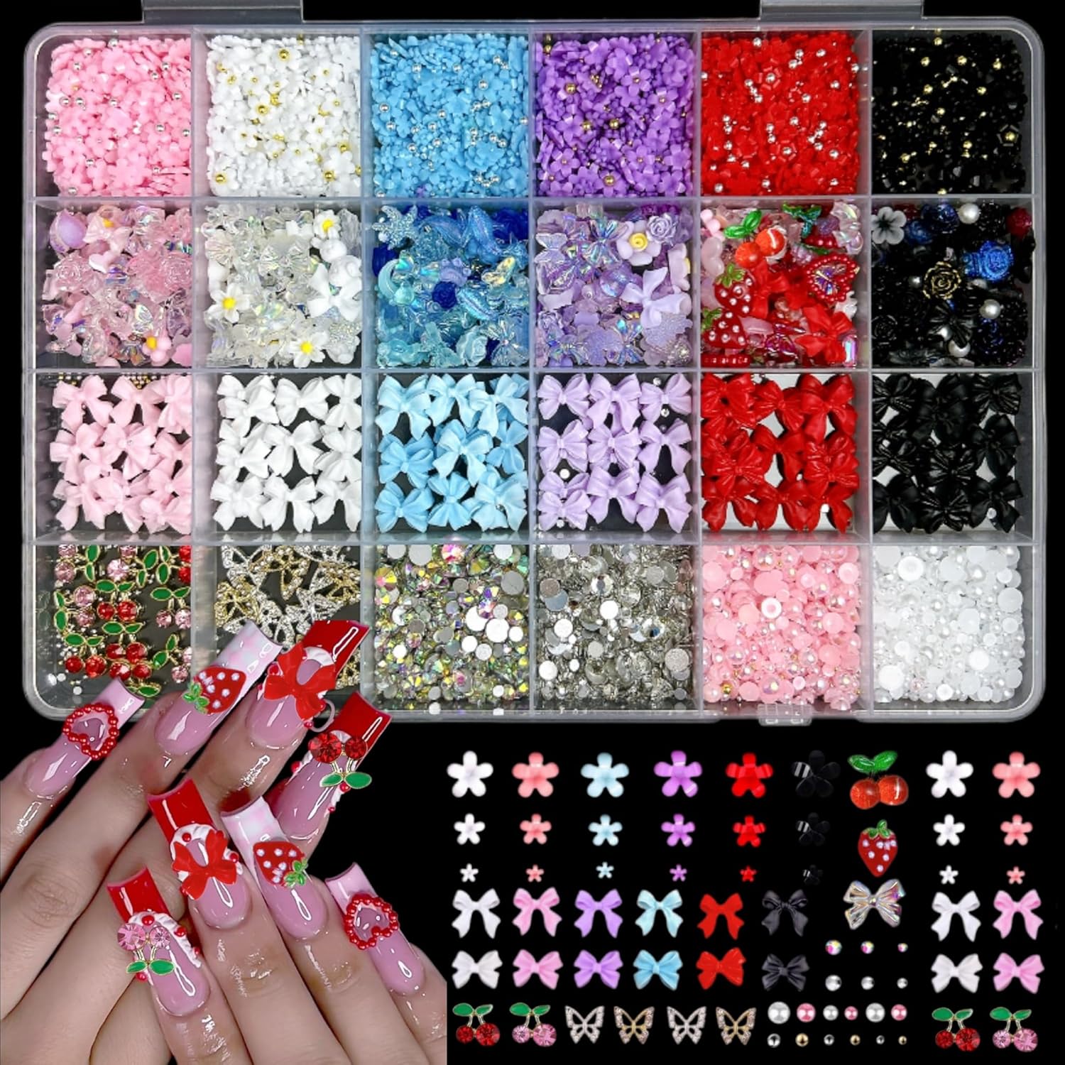 3D Flowers Nail Charms Y2K Kit, Metal Butterfly Cherry Colorful Bow Charms for Nails Art Gems, White and Pink Bows Pearls Charms for Nail Manicure DIY Crafts Jewelry Accessories-Velvo Beauty