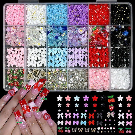 3D Flowers Nail Charms Y2K Kit, Metal Butterfly Cherry Colorful Bow Charms for Nails Art Gems, White and Pink Bows Pearls Charms for Nail Manicure DIY Crafts Jewelry Accessories-Velvo Beauty