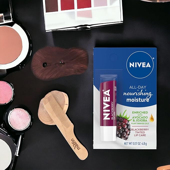 Nivea Lip Balm Hydrating, 0.17 Oz, Enriched with Avocado & Jojoba for Soft, Smooth Lips, Hydrating Lip Balm Includes Moofin Wooden Comb, Blackberry Scent, Lip Balms & Moisturizers, [Pack of 4]-Velvo Beauty