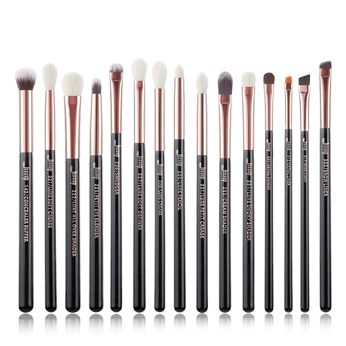 Jessup 15Pcs Professional Makeup Brushes Set Make up Brush Tools kit Eye Liner Shader Wood Handle Natural-synthetic Hair Brushes Pearl Black/Rose Gold T157-Velvo Beauty