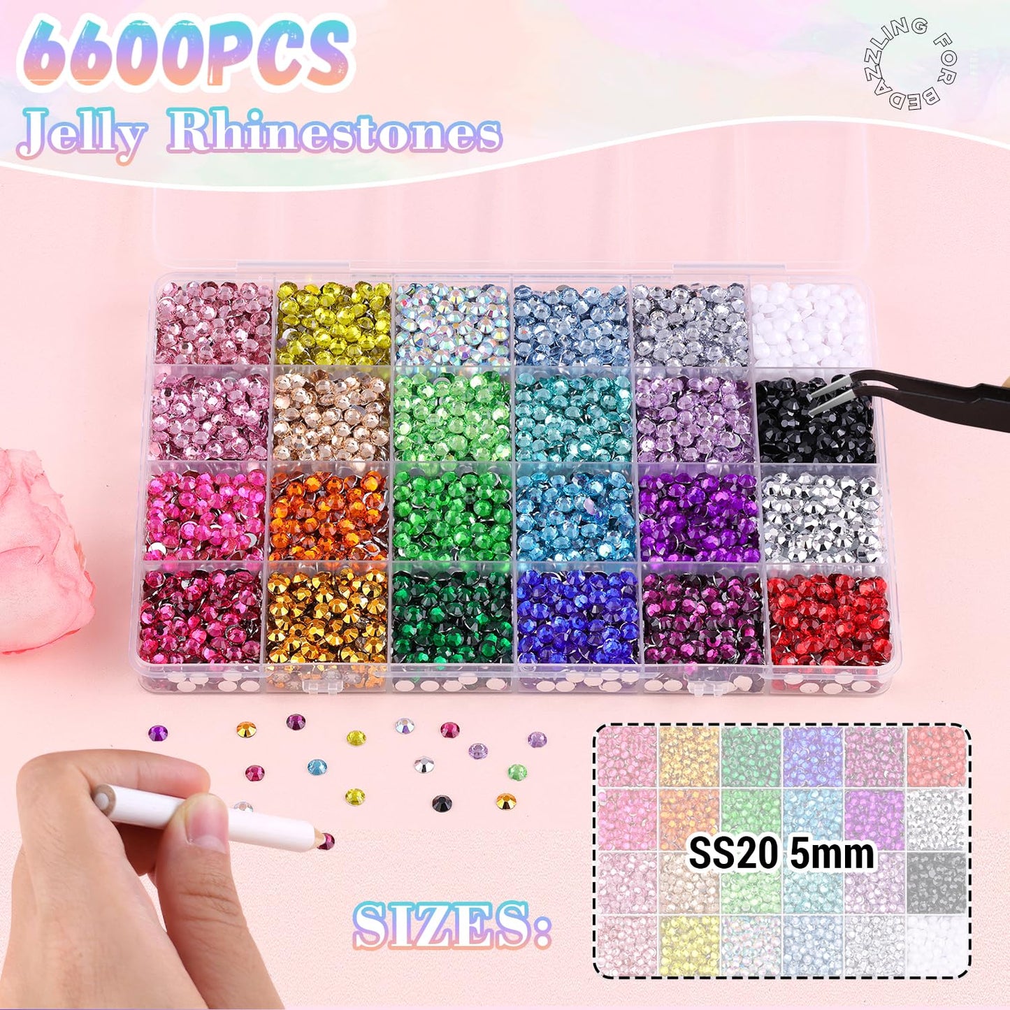 6600Pcs Resin Rhinestones with 3Pcs B7000 Jewelry Glue for Crafting, Multicolors 5mm Non Hotfix Flatback Gems, Bedazzling Crystal for DIY Crafts Clothing Tumblers Mugs Shoes Fabric Decor Nail Art-Velvo Beauty