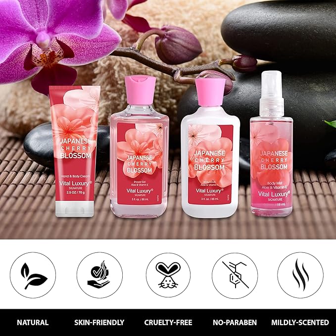 Bath & Body Kit, 3 Fl Oz Travel Size, Ideal Skincare Relaxing Home Spa Set, Includes Body Lotion, Shower Gel, Body Cream, and Fragrance Mist, Bath Gifts for Her and Him (Japanese Cherry-Velvo Beauty